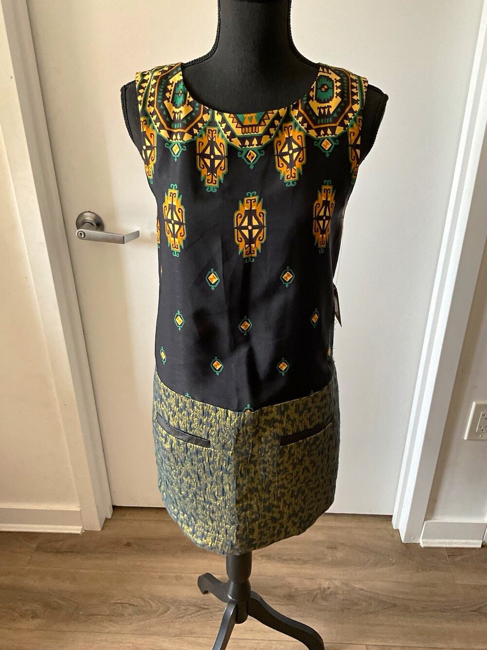 Rachel Roy Sleeveless Geometric Aztec Shift Dress Black Gold Green S Pockets